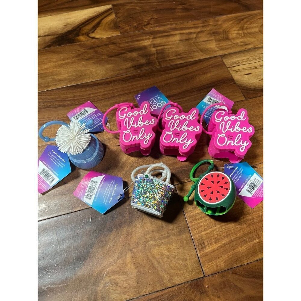 Lot of 6 hand sanitizer cases.  Good vibes only, hat, bag, watermelon